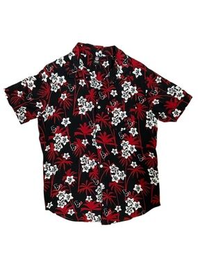 NFL Texans Hawaiian Shirt Palm Print Black Red Button Up M